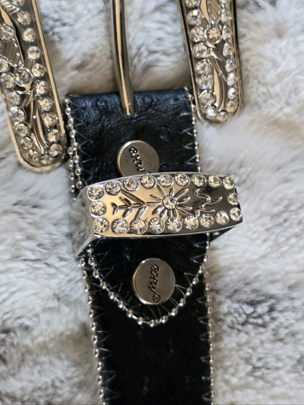 BHW Women's Black Leather Western Belt Crystals and Bling Accents Size M